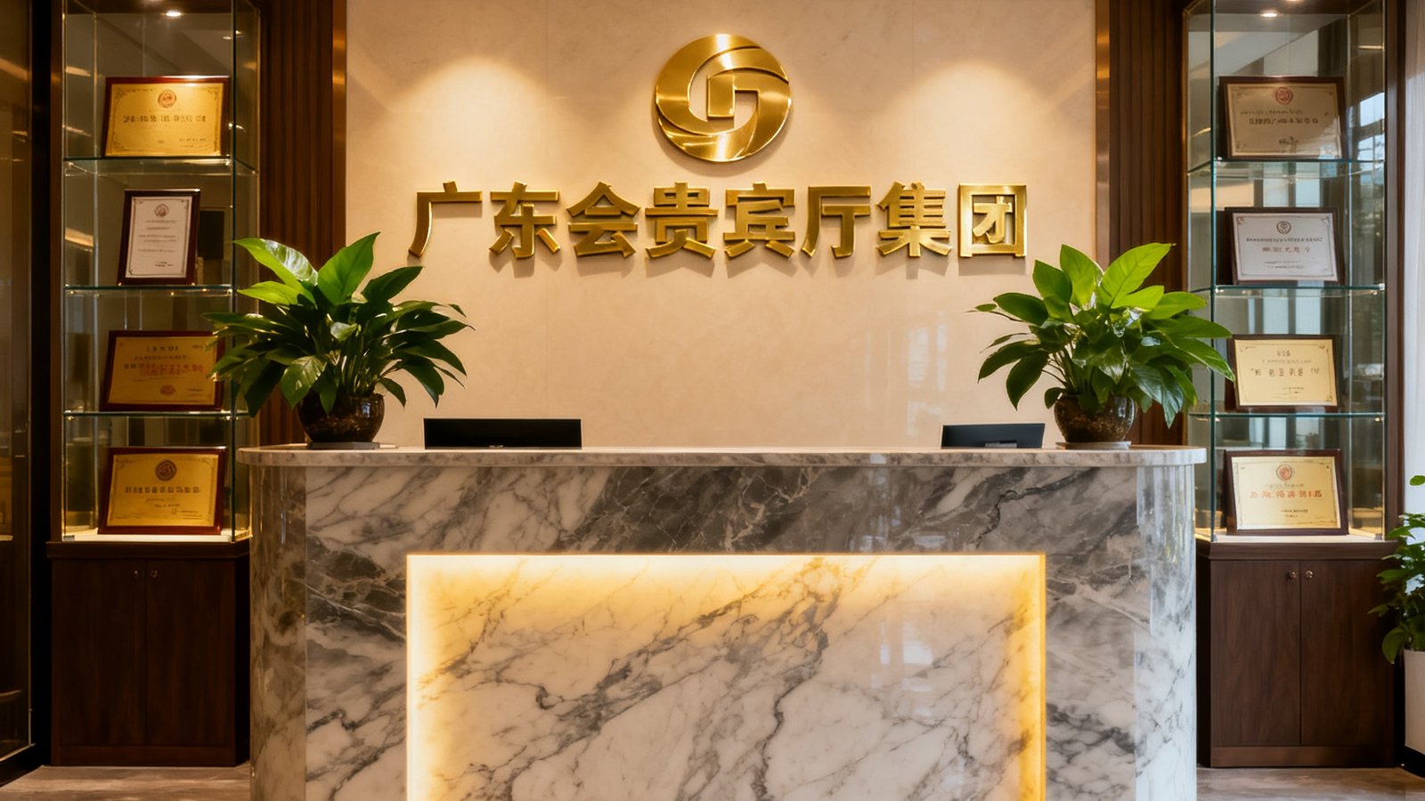 广东会贵宾厅集团广州珠江新城总部前台实景，大理石接待台后方悬挂着金色品牌标识，两侧摆放着绿植和荣誉奖牌展示柜，整体风格沉稳大气。