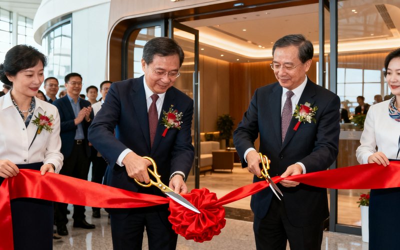 北京大兴机场广东会贵宾厅开业仪式现场照片，嘉宾剪彩瞬间，红色绸带与金色剪刀，背景是崭新的贵宾厅入口。