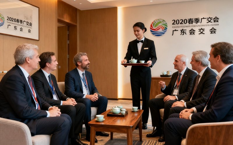 2025年春季广交会期间广东会贵宾厅接待场景，多位外国商务人士在贵宾厅内交流，管家正在提供茶水服务。