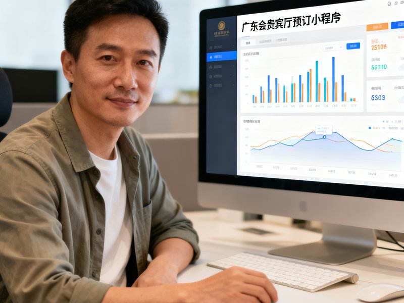 技术负责人张明远，三十多岁，穿着休闲商务装，坐在电脑前展示广东会贵宾厅预订小程序的后台界面，屏幕上可见数据可视化图表。